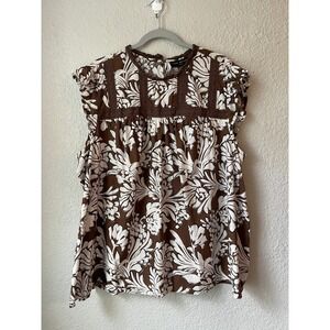 Lane Bryant Floral Blouse Crochet Trim Ruffle Sleeve Top Brown‎ Cream 24
